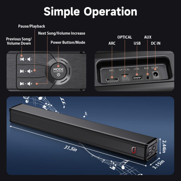 JYX H7 31.5in Soundbar For TV & 3D Surround Sound Bar For TV With Subwoofer & Wall Mountable - Image 8