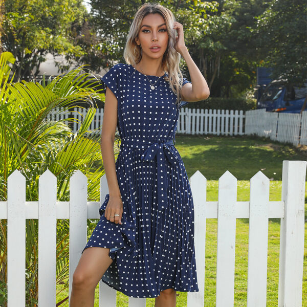 Summer Women Polka Dot Short Sleeve Dress Casual Bandage Party Pleated Midi Dresses Elegant Green Office Lady Clothing - Image 8