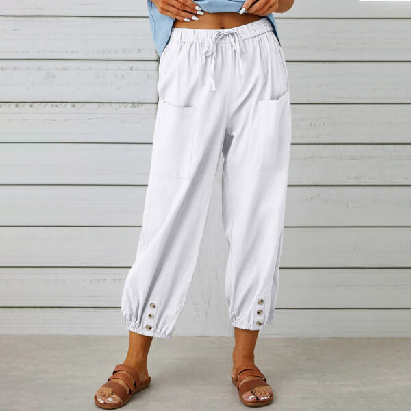 Women Drawstring Tie Pants Spring Summer Cotton And Linen Trousers With Pockets Button - Image 9