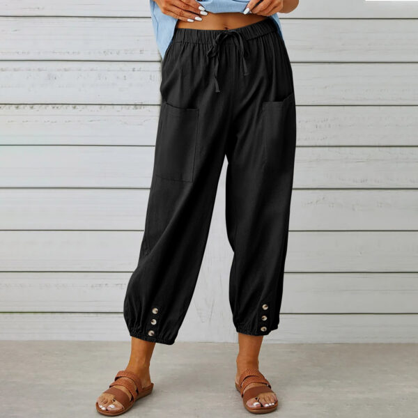 Women Drawstring Tie Pants Spring Summer Cotton And Linen Trousers With Pockets Button - Image 7