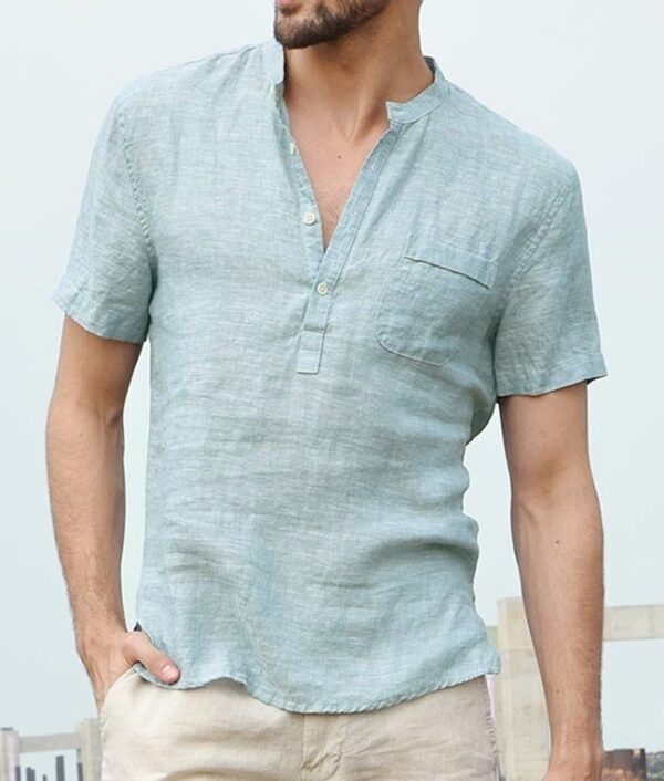 Casual Linen Solid Color Shirt Button V Neck Beach Shirt Men Summer Tops - Image 2