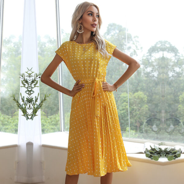 Summer Women Polka Dot Short Sleeve Dress Casual Bandage Party Pleated Midi Dresses Elegant Green Office Lady Clothing - Image 7