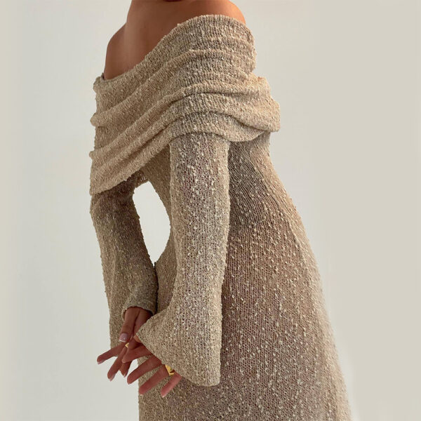 New One-shoulder Knitted Long-sleeved Dress Sexy Beach Holiday Long Dresses Womens Clothing - Image 4