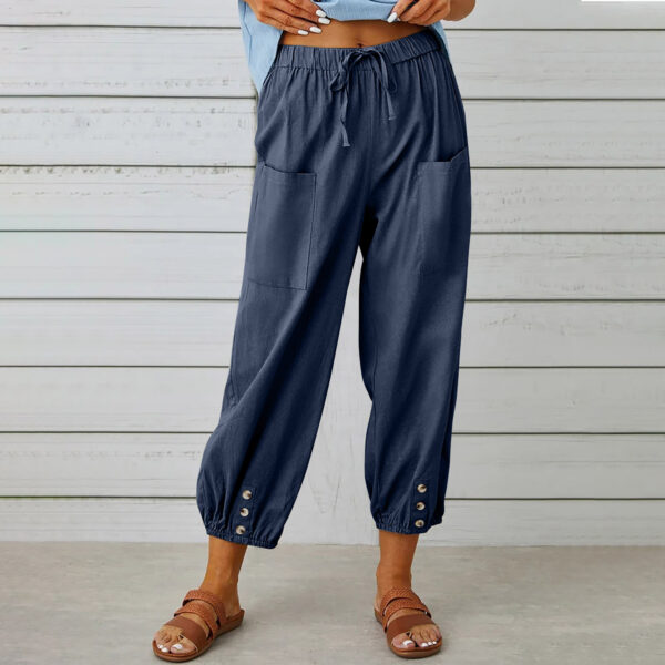Women Drawstring Tie Pants Spring Summer Cotton And Linen Trousers With Pockets Button - Image 8