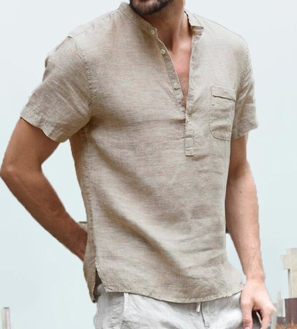 Casual Linen Solid Color Shirt Button V Neck Beach Shirt Men Summer Tops - Image 7