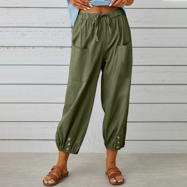 Women Drawstring Tie Pants Spring Summer Cotton And Linen Trousers With Pockets Button - Image 5