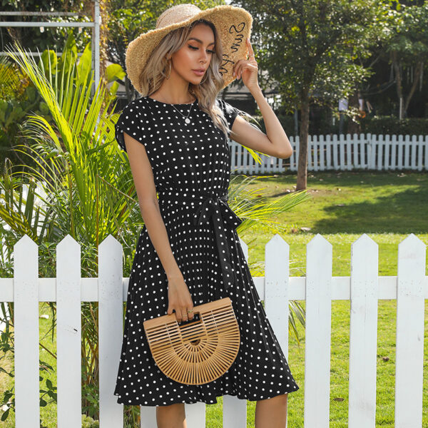 Summer Women Polka Dot Short Sleeve Dress Casual Bandage Party Pleated Midi Dresses Elegant Green Office Lady Clothing - Image 3