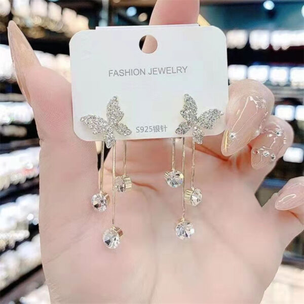 Fashion Jewelry Shiny Butterfly Rhinestone Drop Dangle Earrings Women Elegant Long Pearl Tassel Chain Pendant Party Jewelry - Image 2