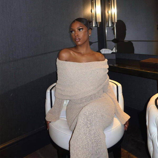 New One-shoulder Knitted Long-sleeved Dress Sexy Beach Holiday Long Dresses Womens Clothing - Image 6