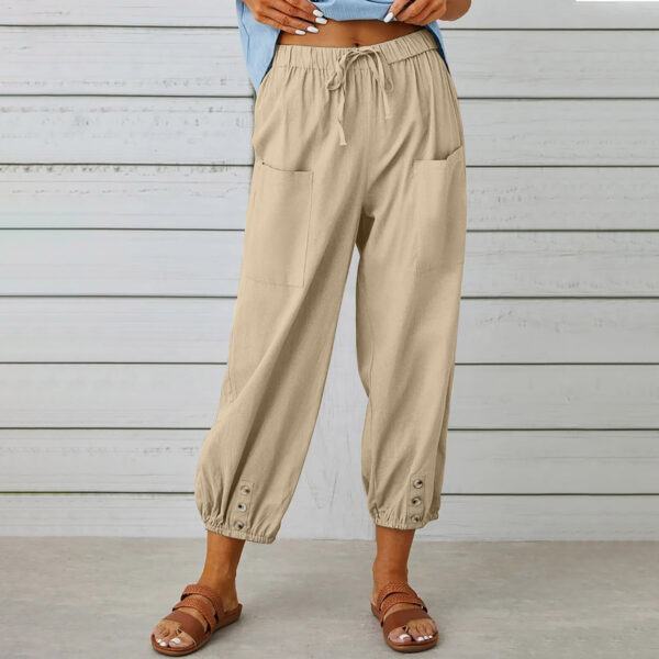 Women Drawstring Tie Pants Spring Summer Cotton And Linen Trousers With Pockets Button - Image 10