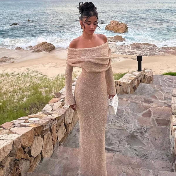 New One-shoulder Knitted Long-sleeved Dress Sexy Beach Holiday Long Dresses Womens Clothing - Image 7
