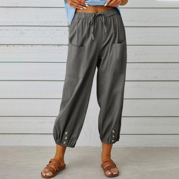Women Drawstring Tie Pants Spring Summer Cotton And Linen Trousers With Pockets Button - Image 4
