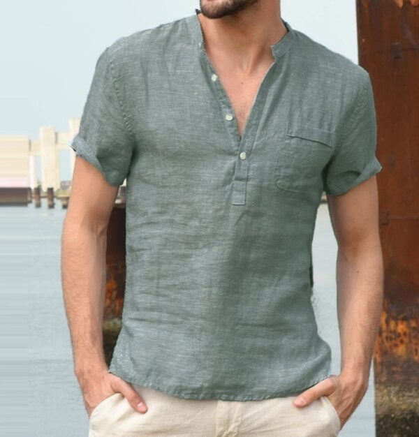 Casual Linen Solid Color Shirt Button V Neck Beach Shirt Men Summer Tops - Image 4