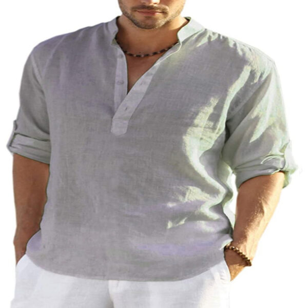 Men's Casual Cotton Linen Solid Color Long Sleeve Shirt Loose Stand Collar - Image 6