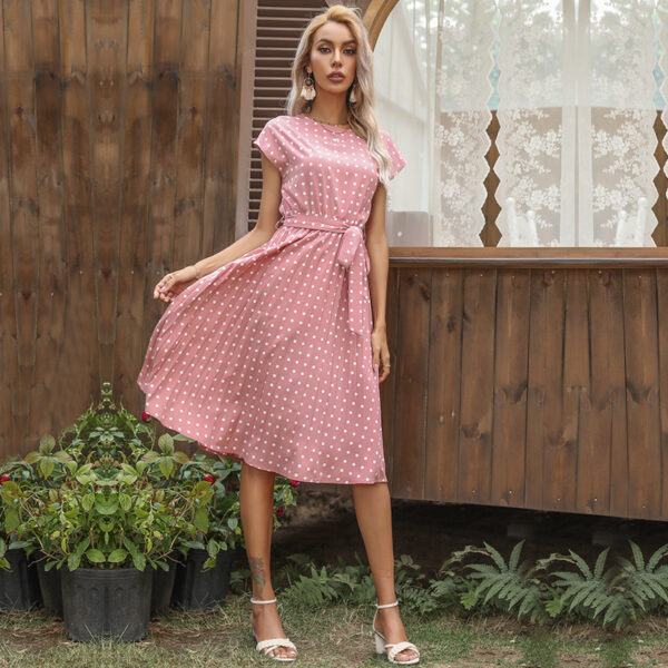 Summer Women Polka Dot Short Sleeve Dress Casual Bandage Party Pleated Midi Dresses Elegant Green Office Lady Clothing - Image 2